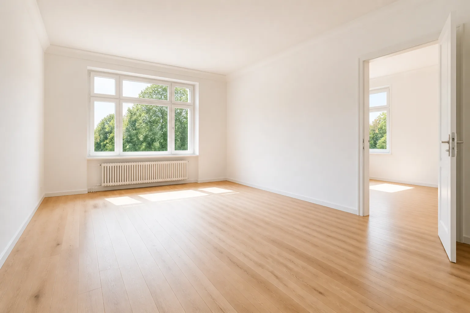 Hell und besenrein geräumter, leerer Wohnraum mit Tageslicht nach einer Entrümpelung durch MADO Entrümpelung